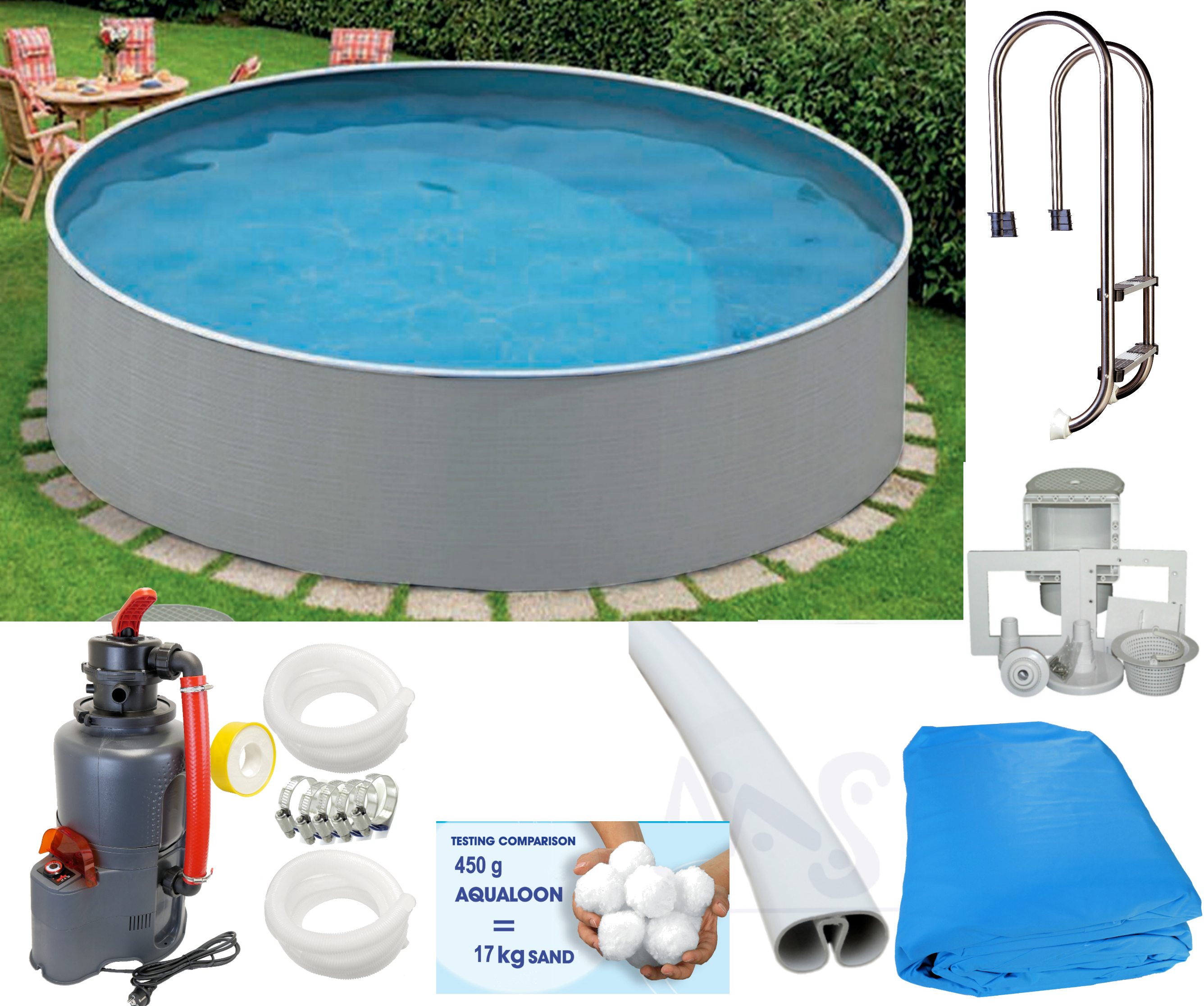 Rundpool-Set zum Eingraben grau 4,60m x 1,10m mit Leiter 2stu eng, Azuro® 6m³ und 1x Aqualoon