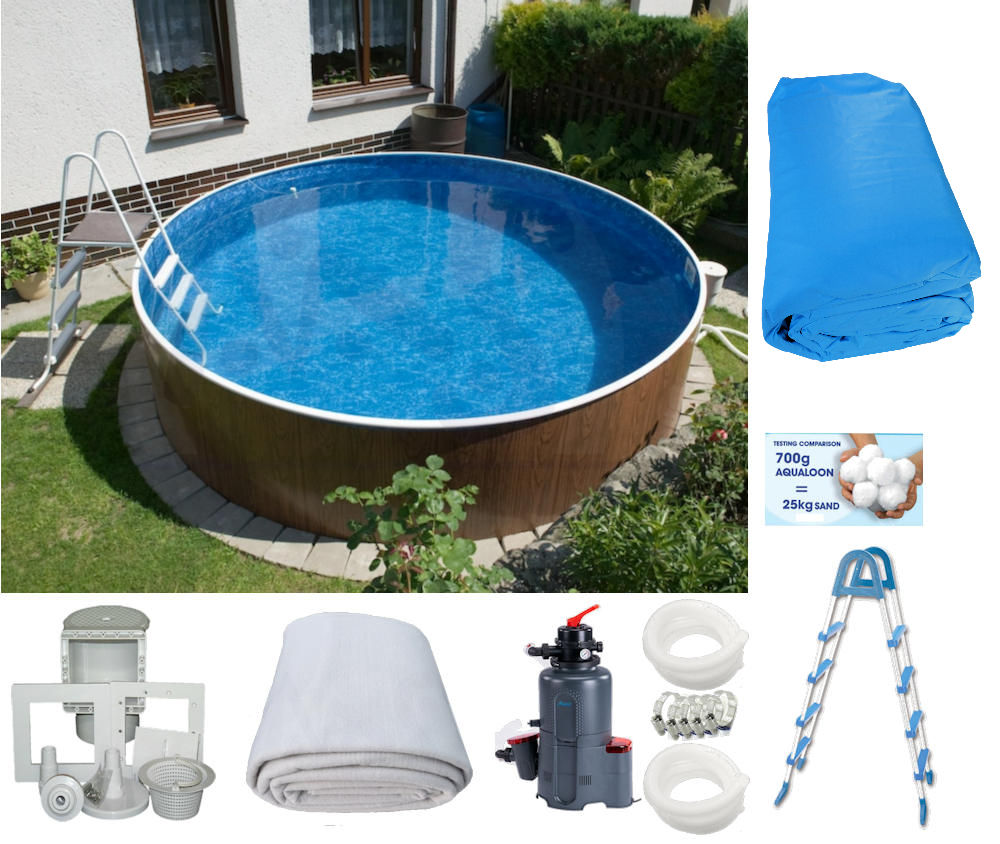 Rundpool-Set Holzoptik 4,60x1,20m Innenhülle blau Skimmer Leiter Azuro® 6m³ 450g Aqualoon Vlies weiß