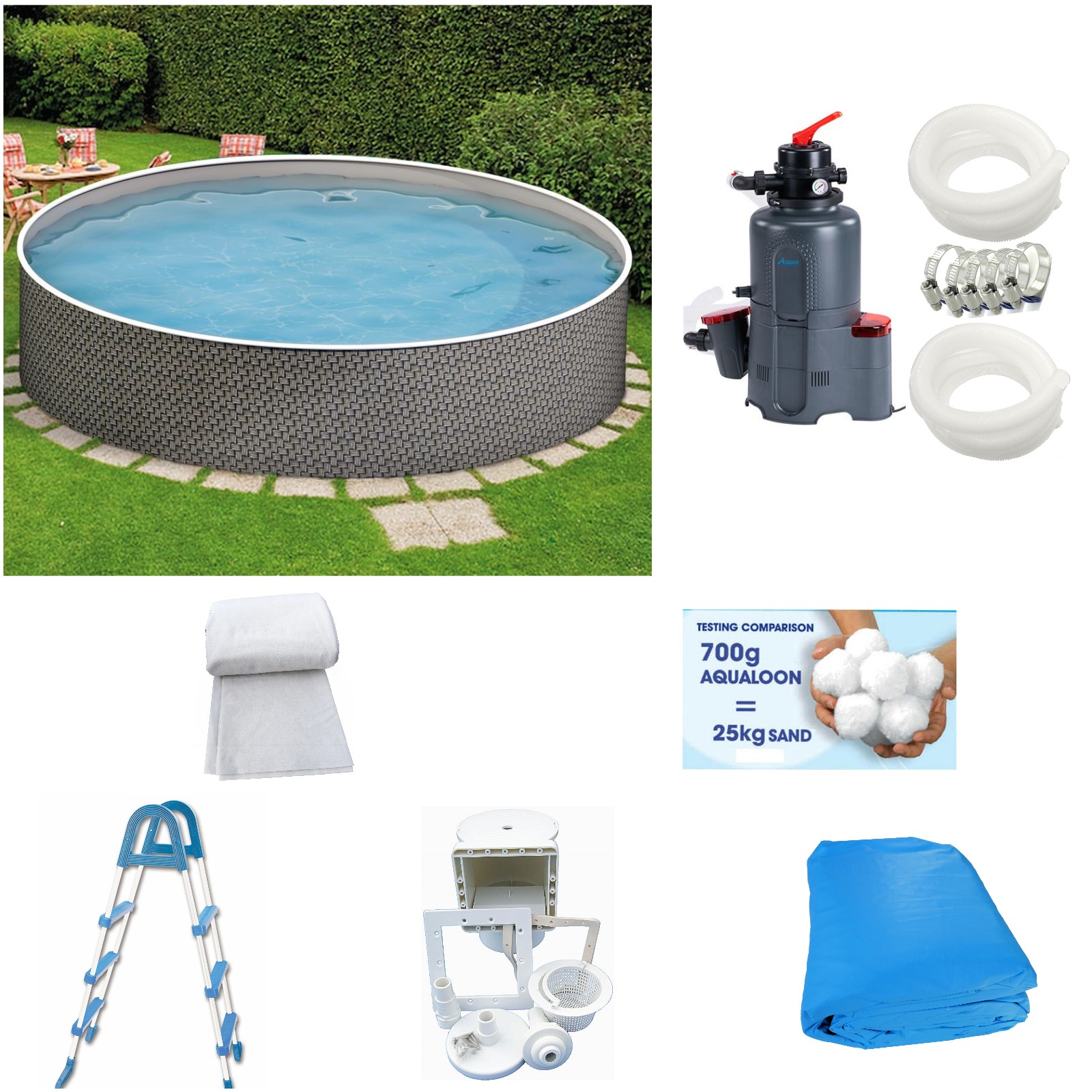 Rundpool-Set Rattanoptik 4,60 x 1,20 m mit Skimmer, Leiter, Azuro® 6m³, 450g Aqualoon, Vlies