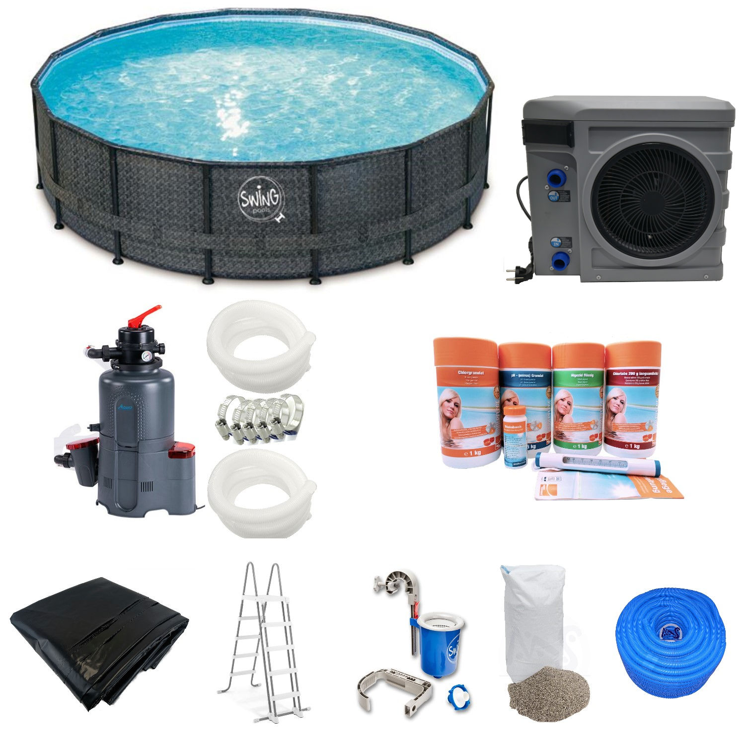 Rattanoptik Wicker Frame Metal Pool 488 x 122 cm KOMPLETT-Set inkl. Wärmepumpe