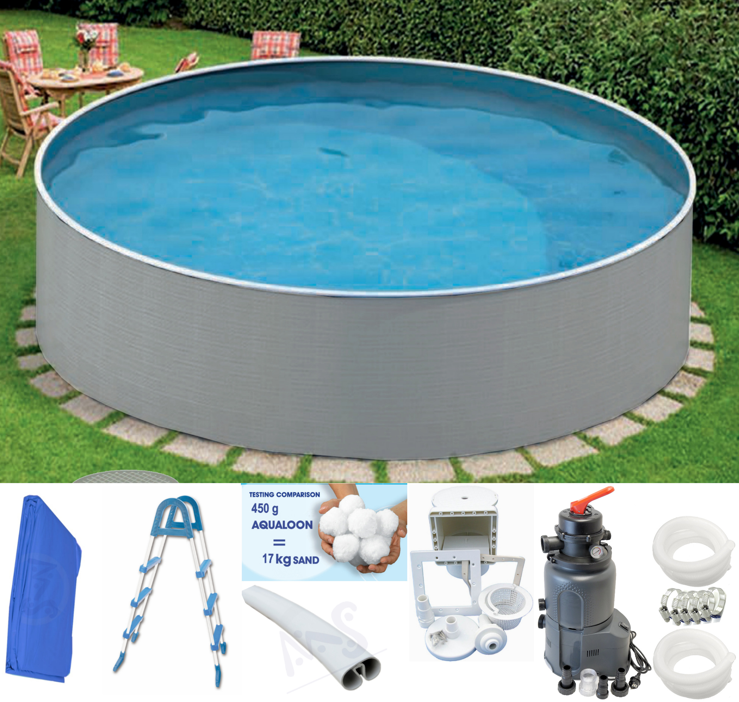 Rundpool-Set zum Aufstellen grau 4,60m x 1,10m Leiter, Skimmer, Sandfilter Azuro® 4m³ und Aqualoon