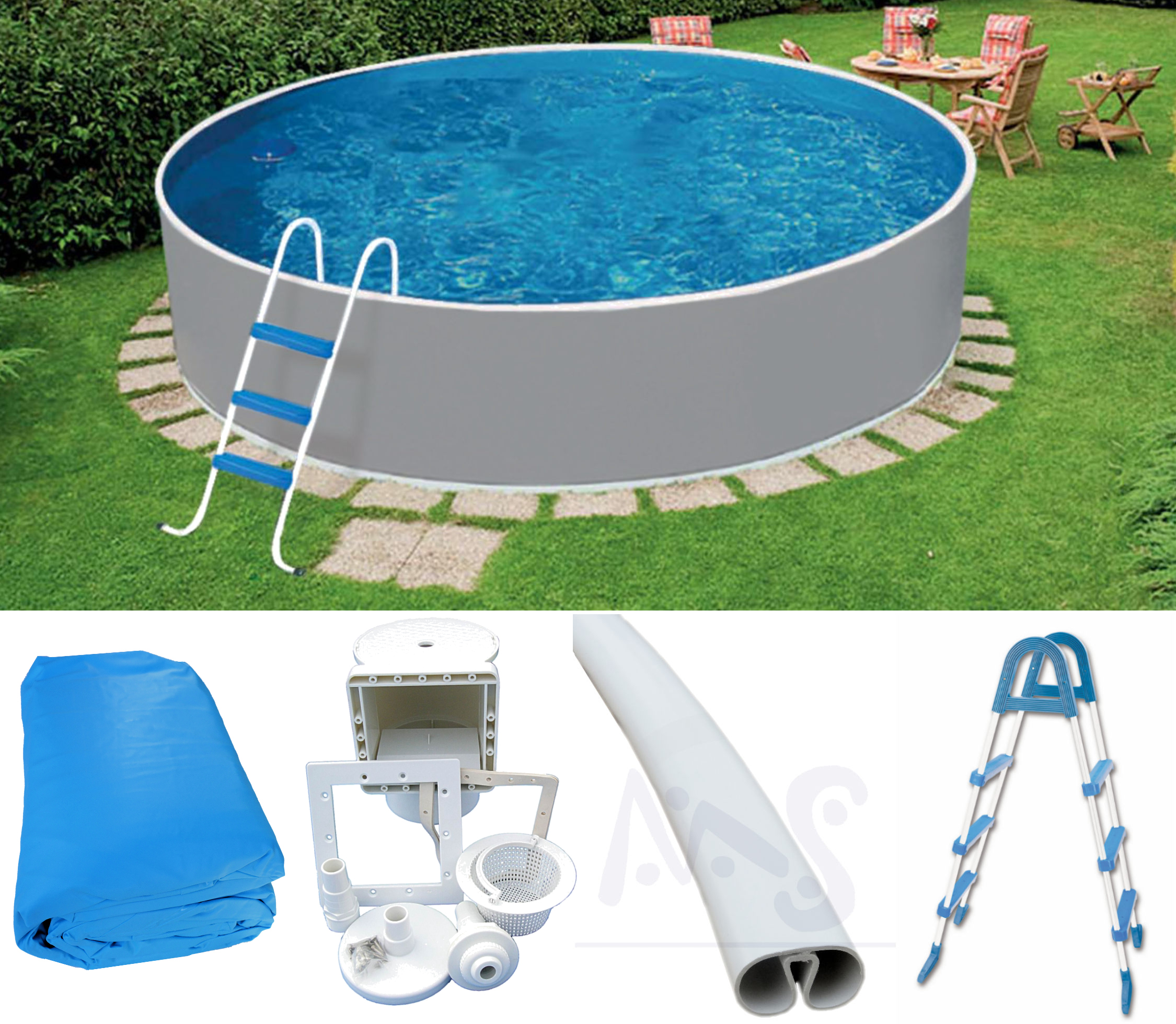 Rundpool grau 4,60 m x 1,10 m mit Skimmer und Leiter